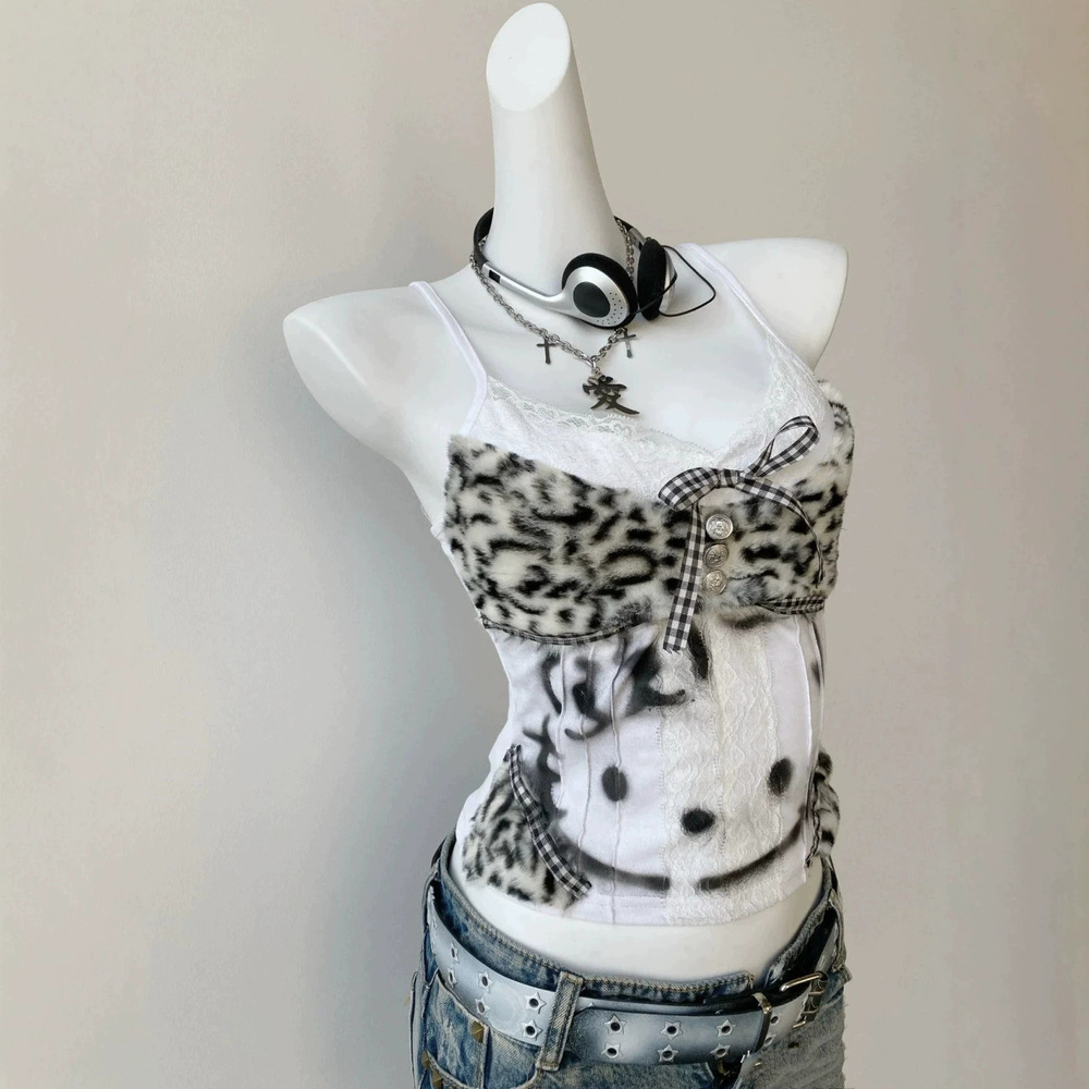 Zara Vintage Shibuya Gyaru Camisole Kitten Print Leopard Lace Slim Top